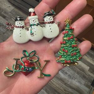 Festive Snowman and Christmas Tree Brooch Set